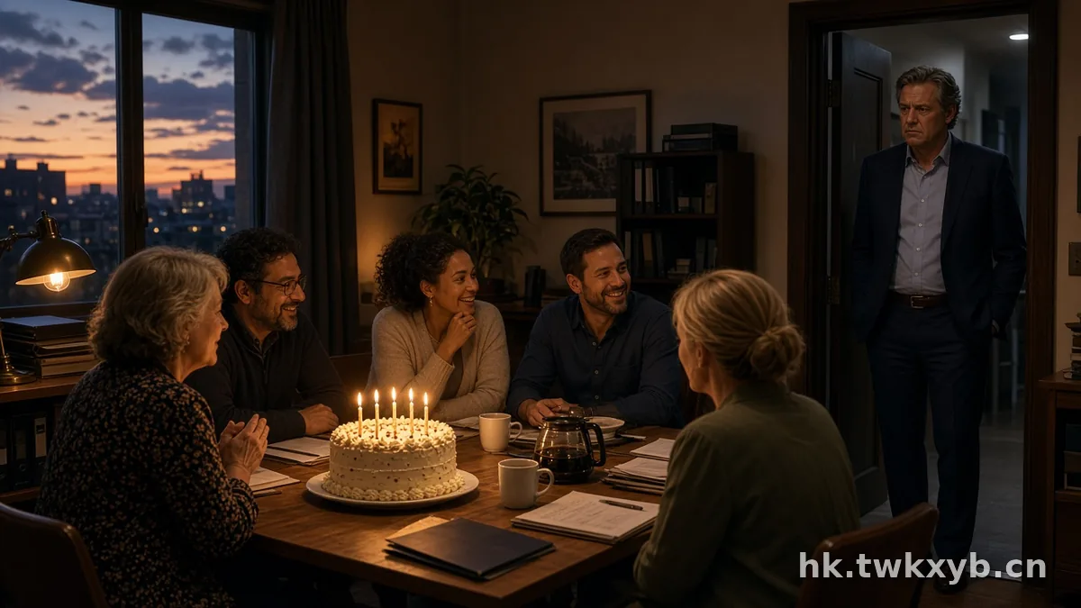 多人围坐在生日蛋糕旁,另一名男子独自站在门口